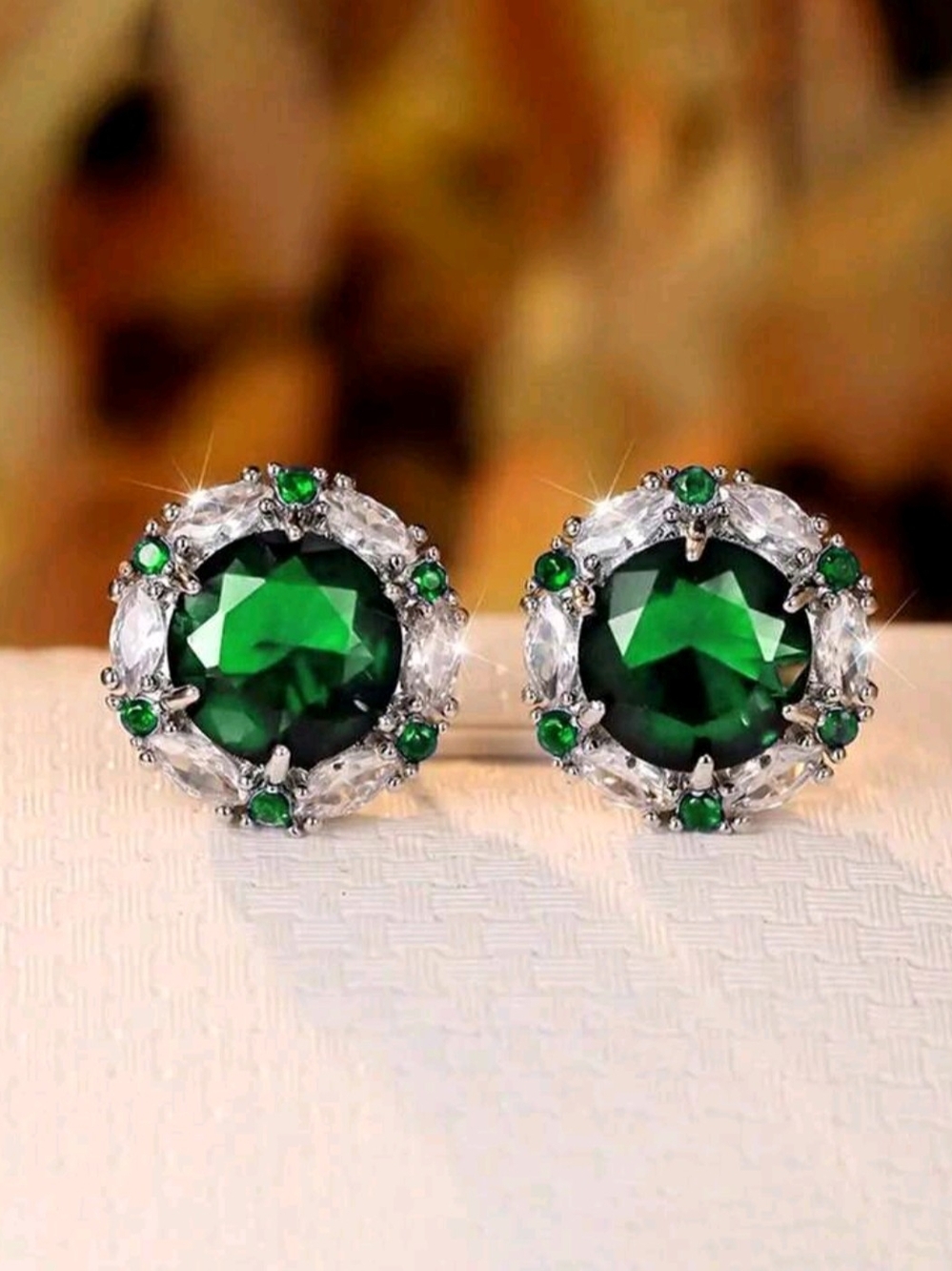 White Rhodium Emerald Halo Stud Earrings